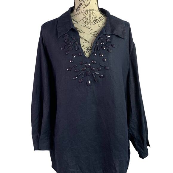 JM Collection Women's 20W Tunic Blouse 100% Linen V-neck Gem Details Holiday Top - Picture 1 of 10